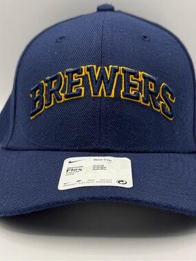 Milwaukee Brewers Nike Rise Cap Dri Fit Stretch Swoosh Flex S/M Blue Yellow